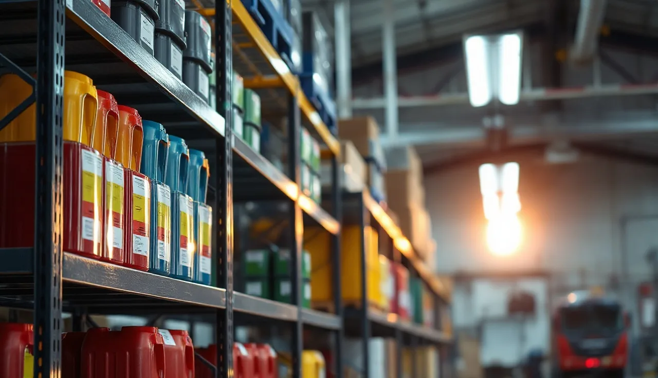 Worker reviewing chemical containers on shelving in a manufacturing facility