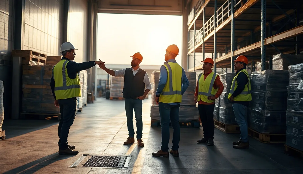 Warehouse supervisor pointing at a floor hazard near pallets during safety walkthrough