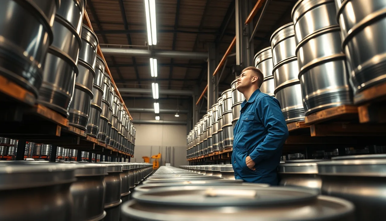 Warehouse worker inspecting metal chemical storage drums in industrial facility