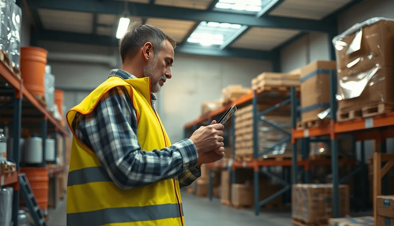 Warehouse worker reading a chemical container label for hazcom training