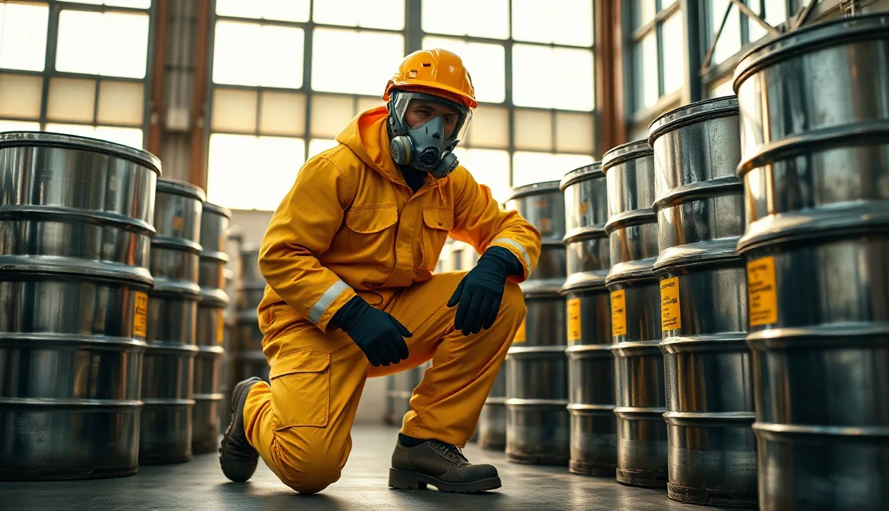 Worker in chemical protective suit inspecting hazardous material drums in an industrial warehouse