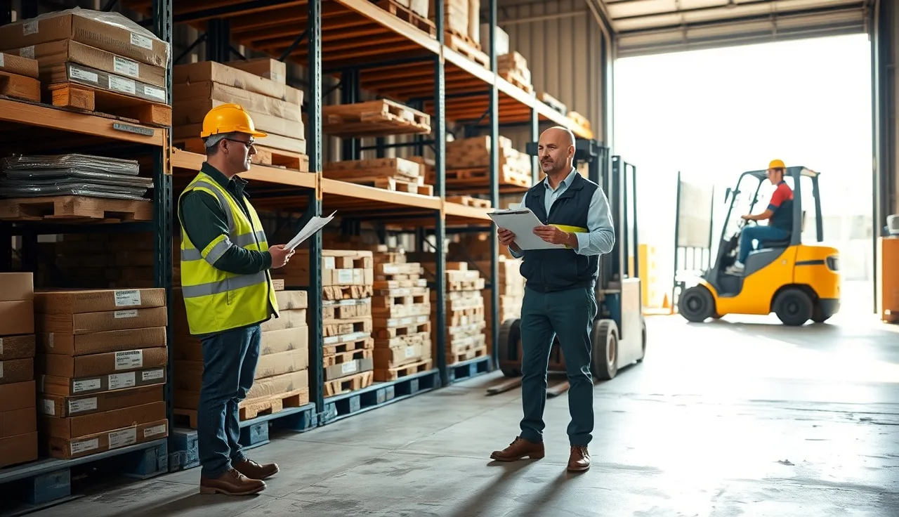 Supervisor and forklift operator reviewing safety training checklist in warehouse