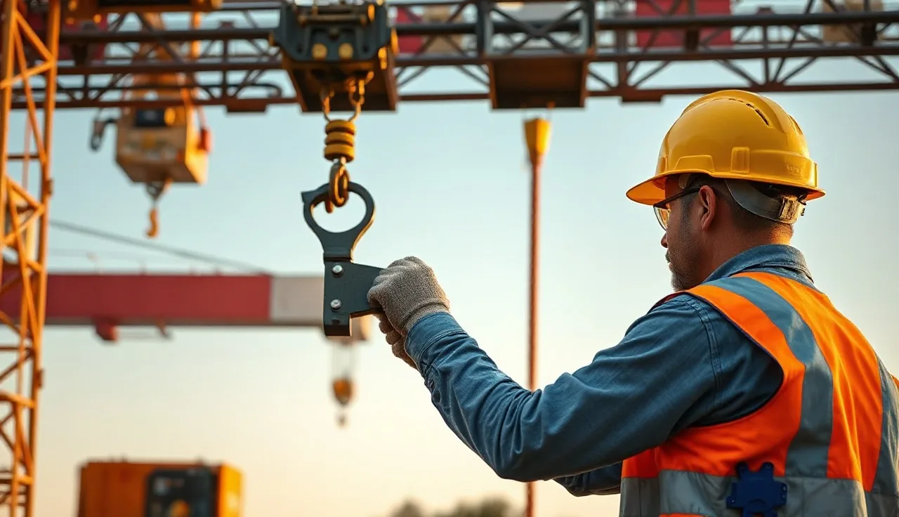 Rigger in high-visibility vest attaching steel beam to crane rigging on job site