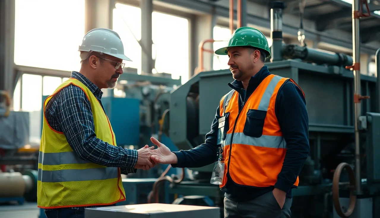 Supervisor demonstrating equipment safety procedures to a worker on a factory floor