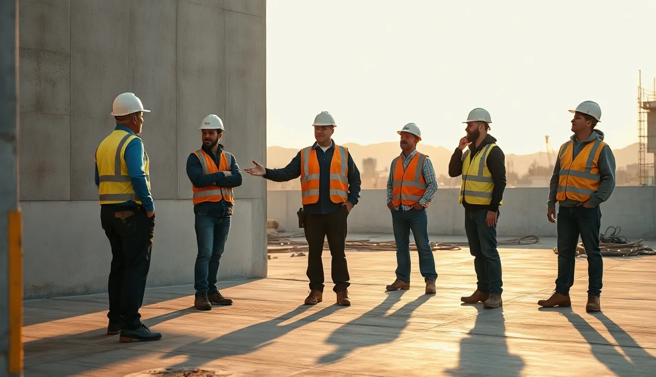 Construction workers in hard hats having a morning toolbox talk on a job site