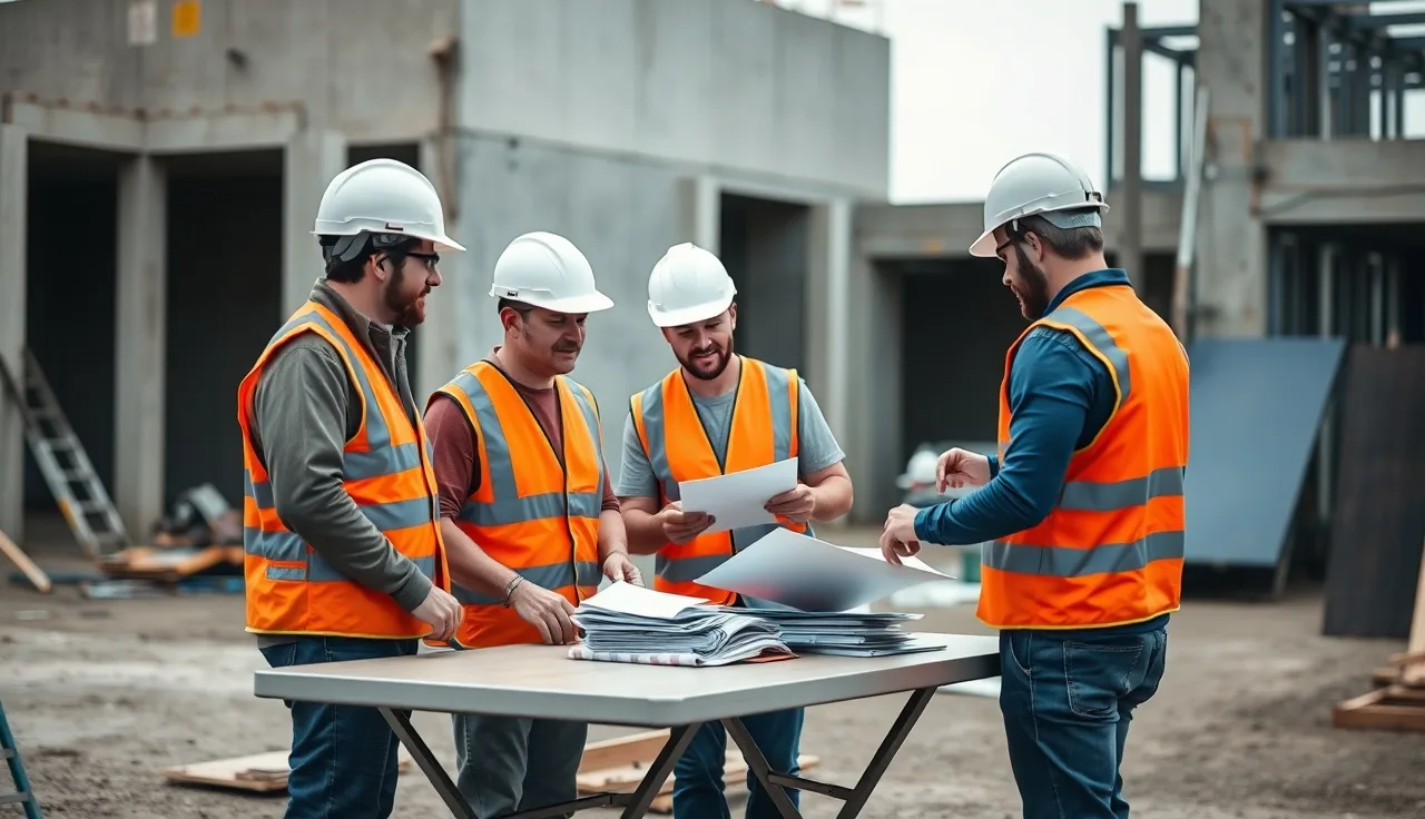 Three construction workers in hard hats reviewing OSHA training materials at a job site