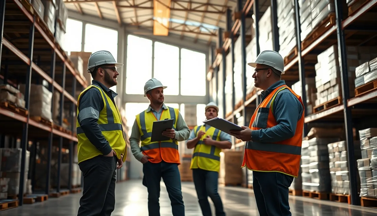Warehouse supervisor conducting safety training with workers in hard hats