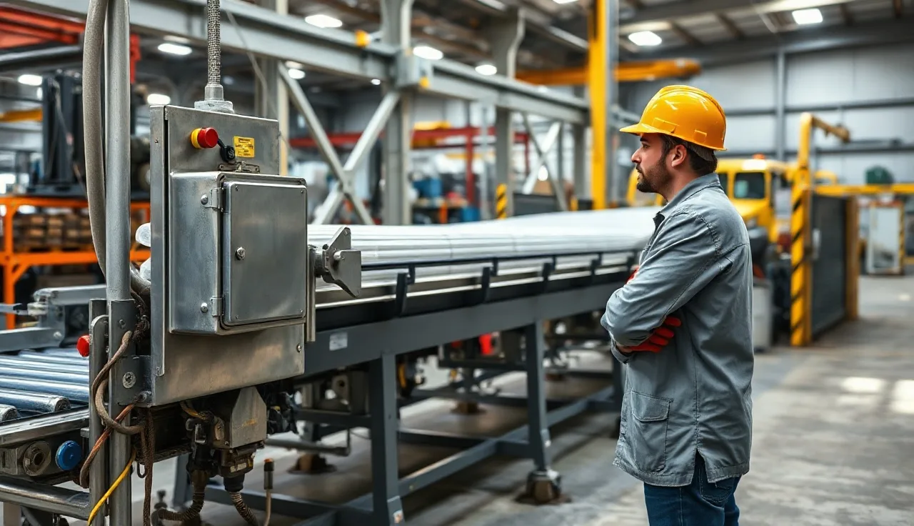 Worker inspecting a metal safety guard on a conveyor belt pinch point in a factory