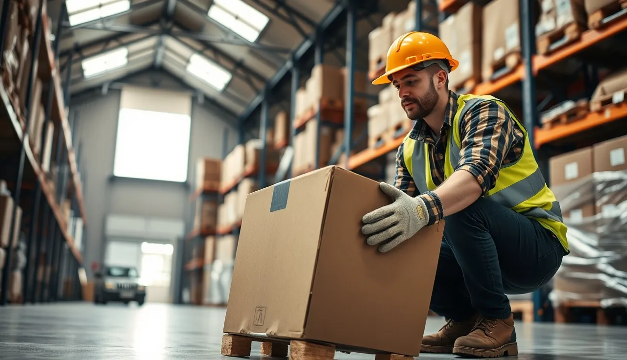 Warehouse worker using proper squat lifting technique on a heavy box