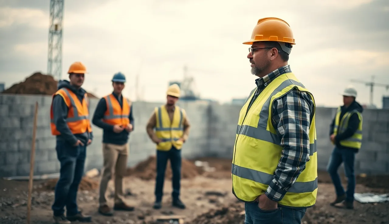 Foreman leading a toolbox talk safety meeting with crew on construction site