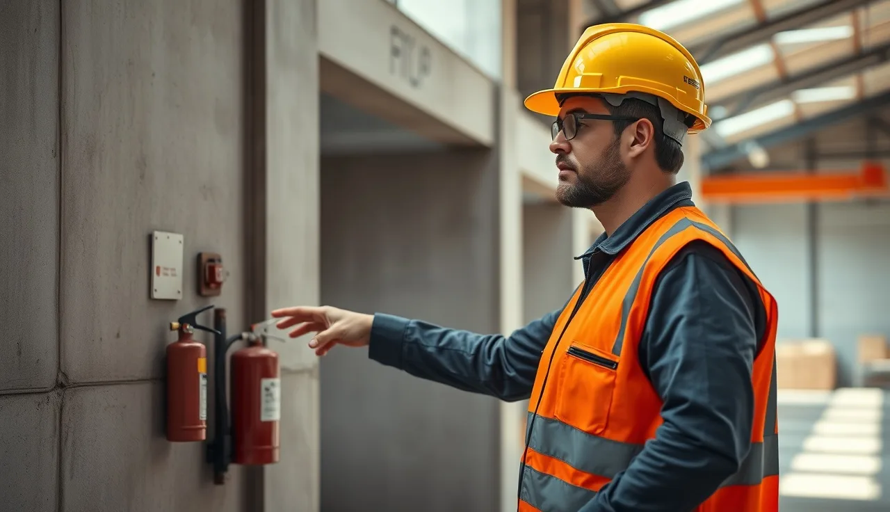 Warehouse worker in safety vest pointing at fire extinguisher during workplace safety walkthrough