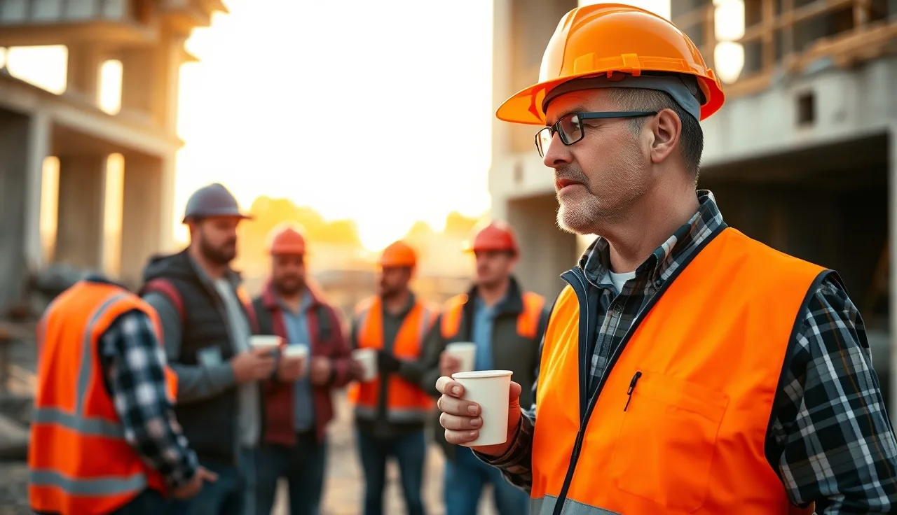 Foreman leading a morning safety toolbox talk with construction workers outdoors
