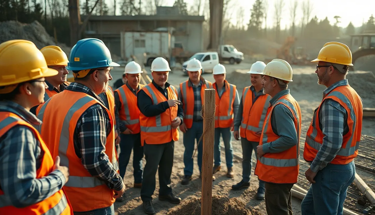 Construction crew in hard hats holding a toolbox talk safety meeting outdoors