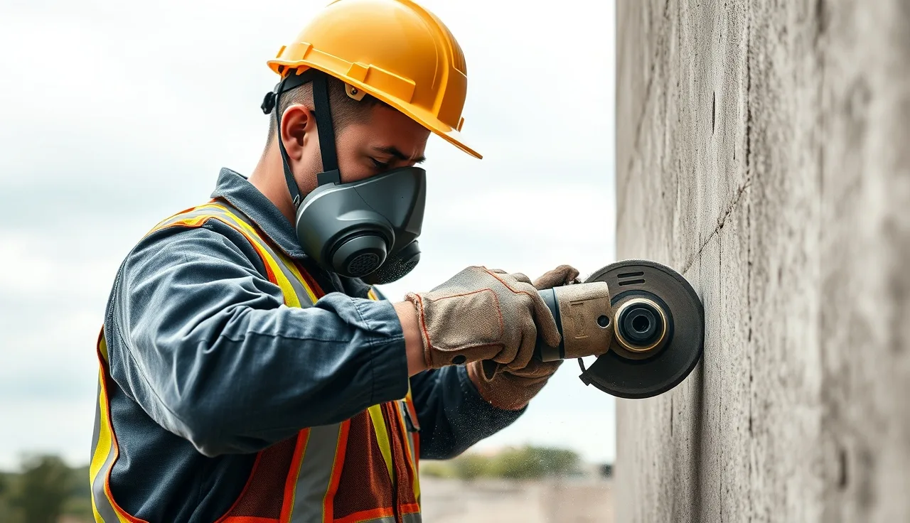 Worker wearing respirator grinding concrete wall with visible silica dust in air