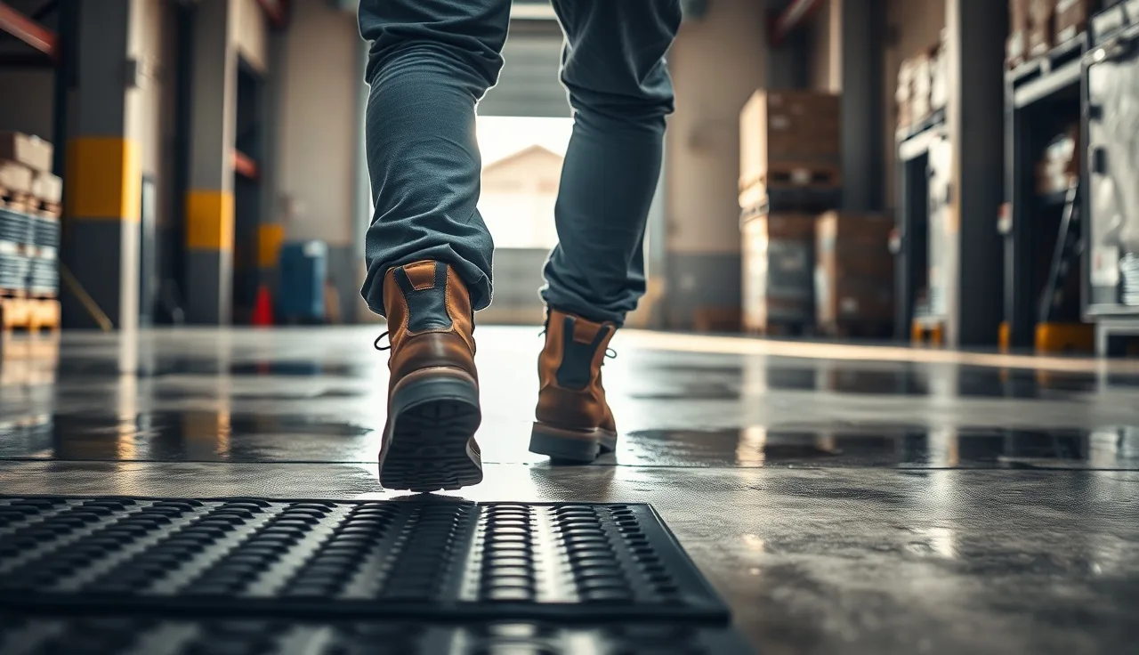 Worker in safety boots navigating a wet warehouse floor near loading dock