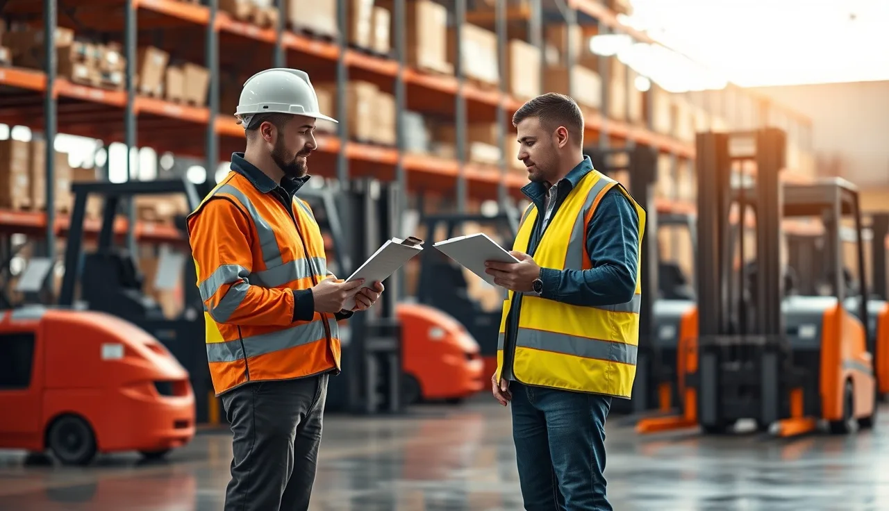 Safety supervisor and temp worker reviewing training checklist on warehouse floor