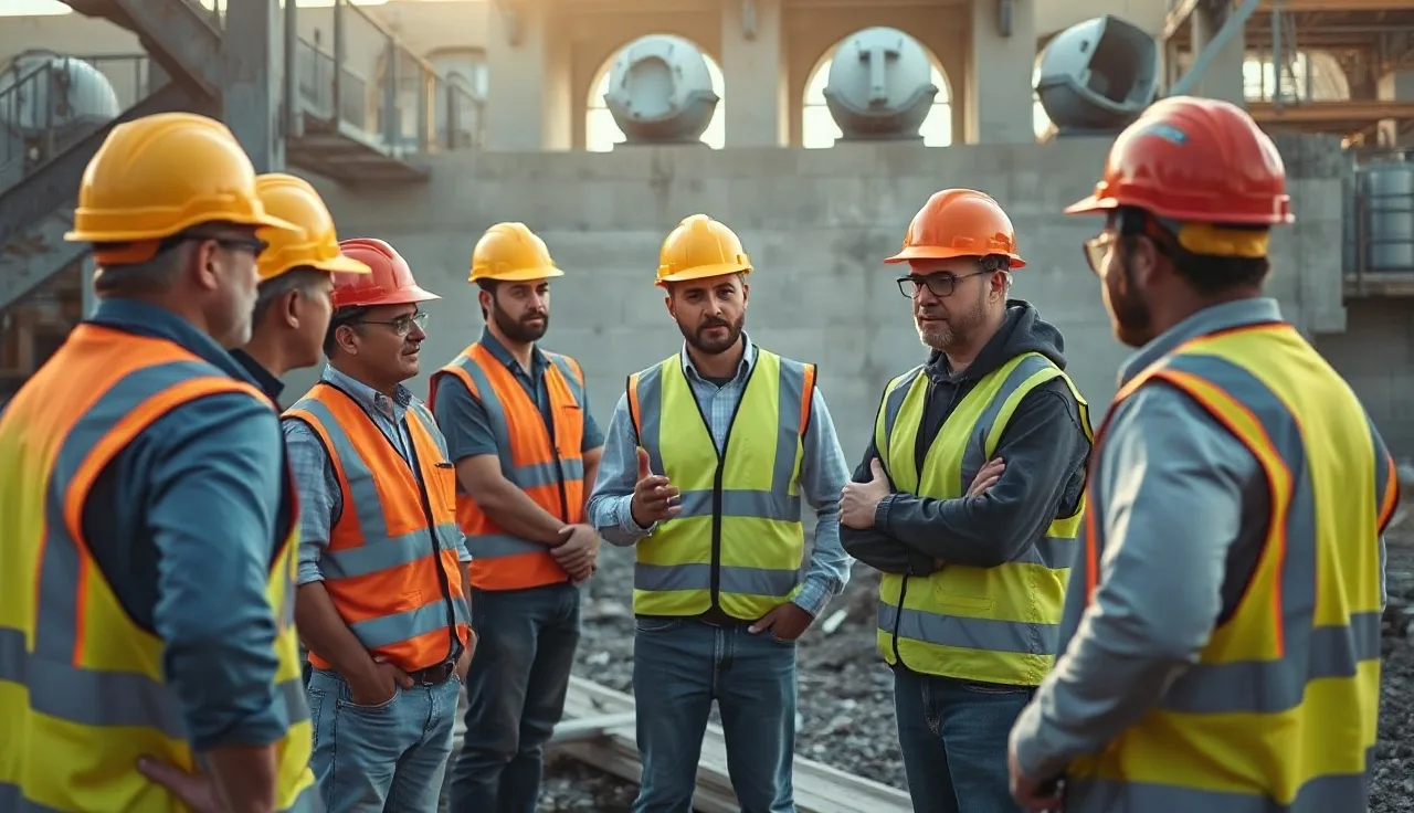 Construction workers in hard hats holding a morning toolbox talk safety meeting on a jobsite