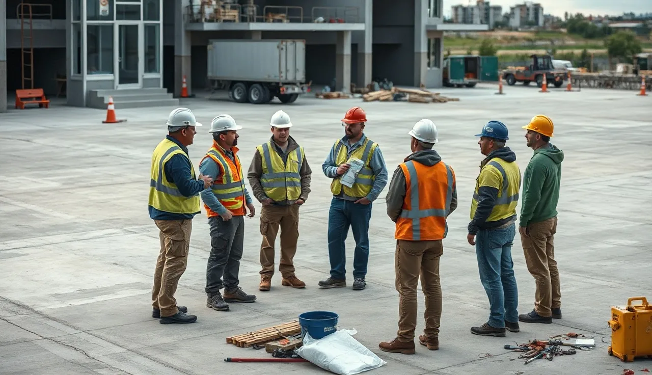 Construction foreman leading a toolbox talk with crew on a job site