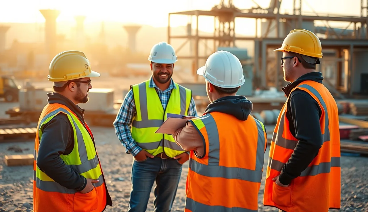 Small construction crew holding a toolbox talk in a circle on a job site