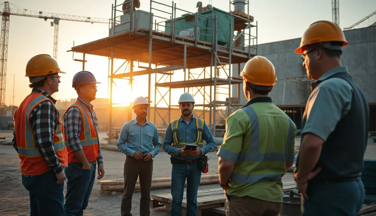Construction crew holding a morning toolbox talk safety meeting on job site