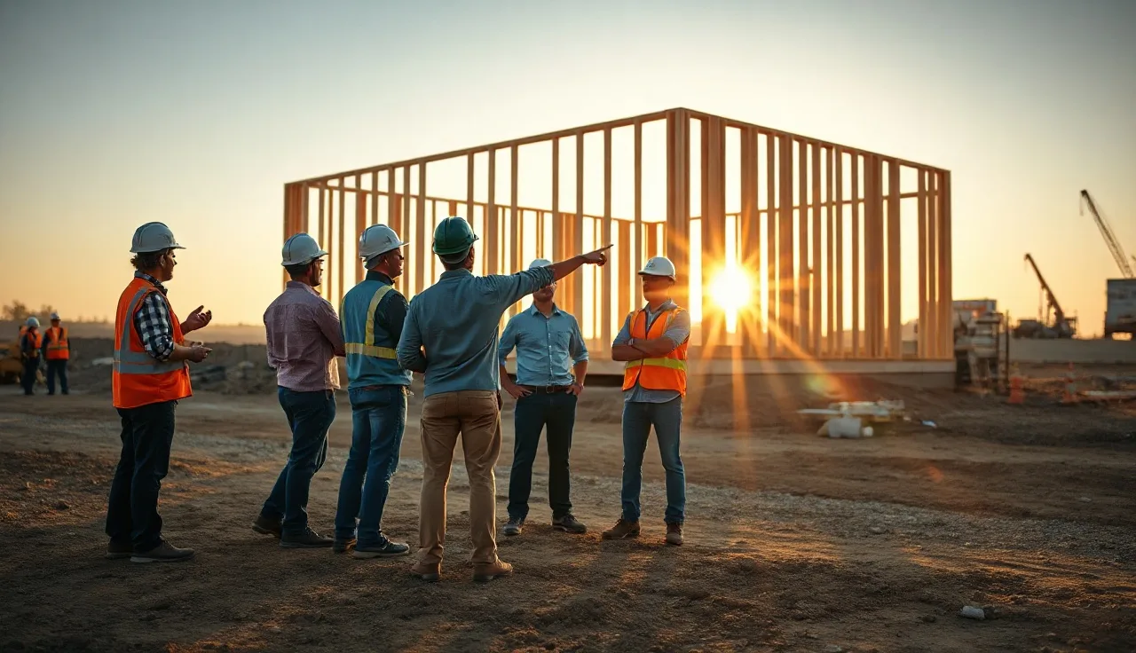 Small construction crew holding a pre-shift toolbox talk on a job site at dawn