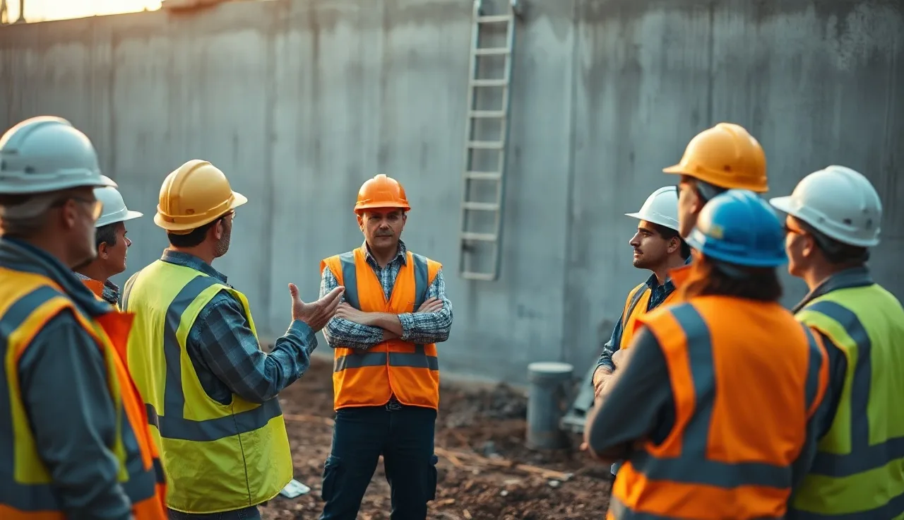 Construction crew holding a morning toolbox talk on a job site at dawn