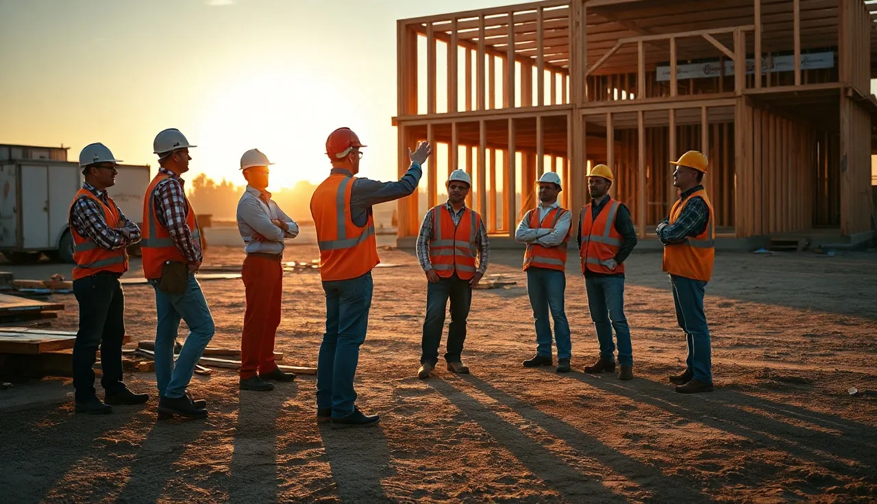 Construction crew gathered for a morning toolbox talk at a framing site