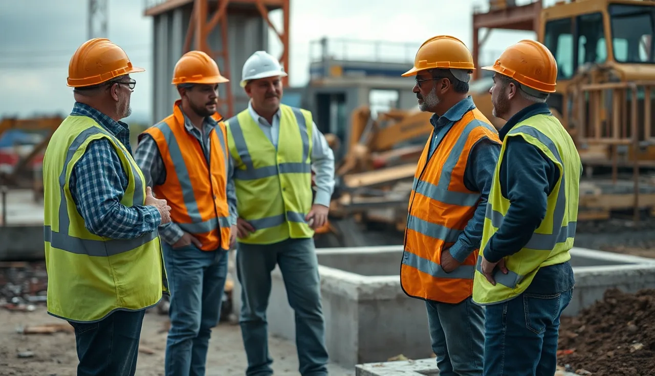 Construction crew in safety gear holding a toolbox talk on a job site at dawn