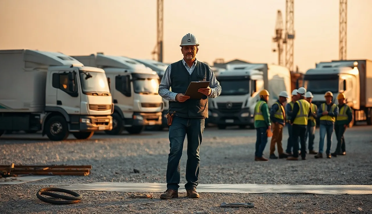 Foreman leading a vehicle safety toolbox talk with workers near job site trucks at dawn