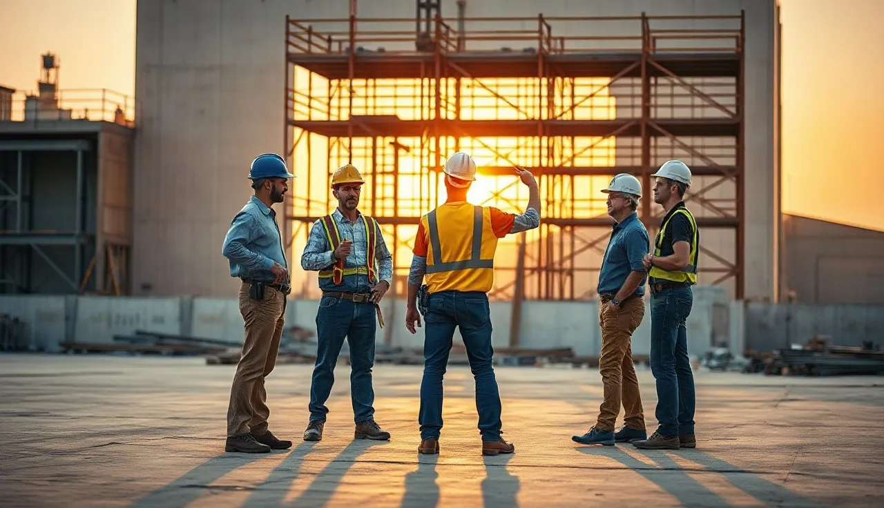 Construction crew in hard hats holding a morning toolbox talk on a job site