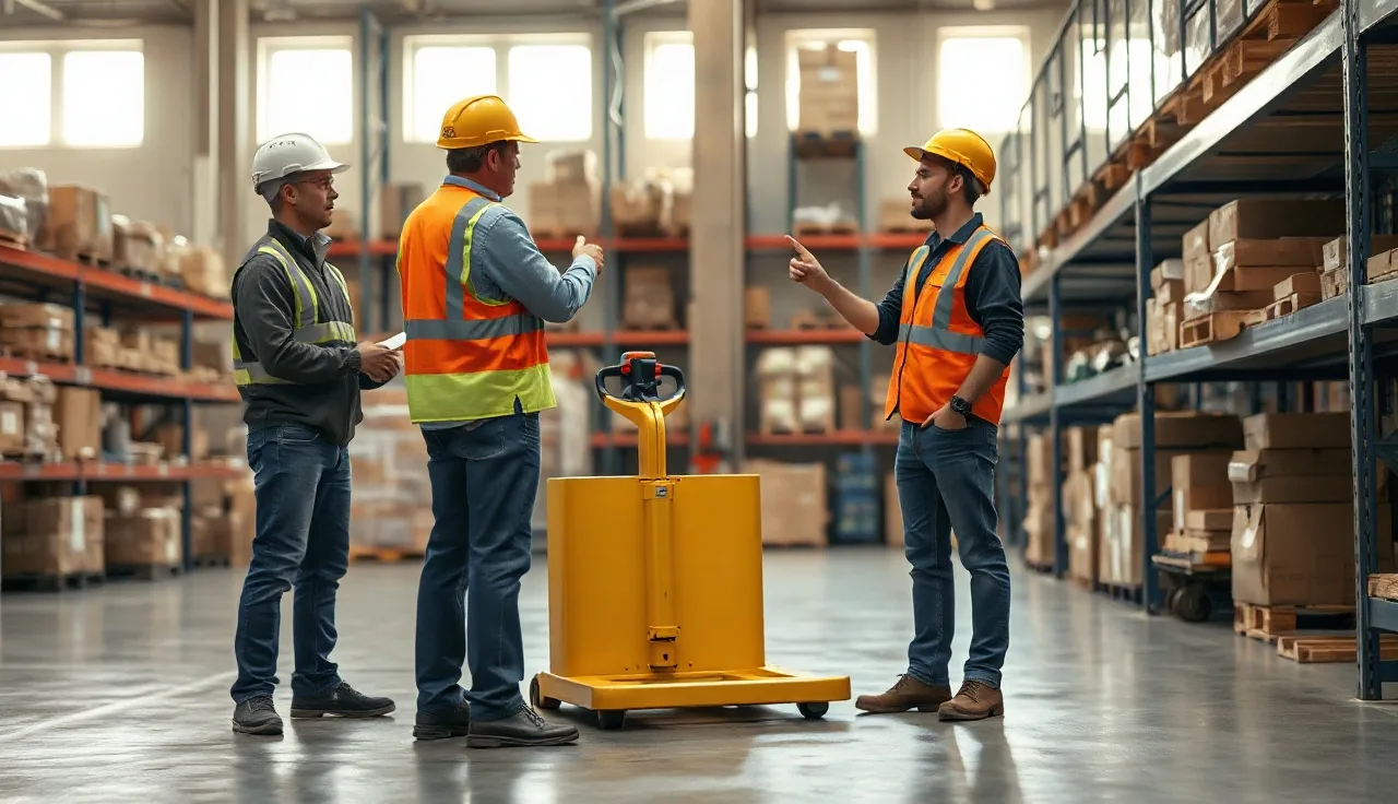Safety trainer demonstrating pallet jack operation to two workers in a warehouse