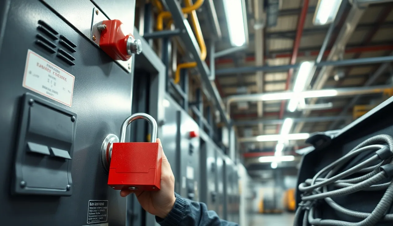 Maintenance worker applying a red lockout padlock to an electrical panel in a manufacturing facility