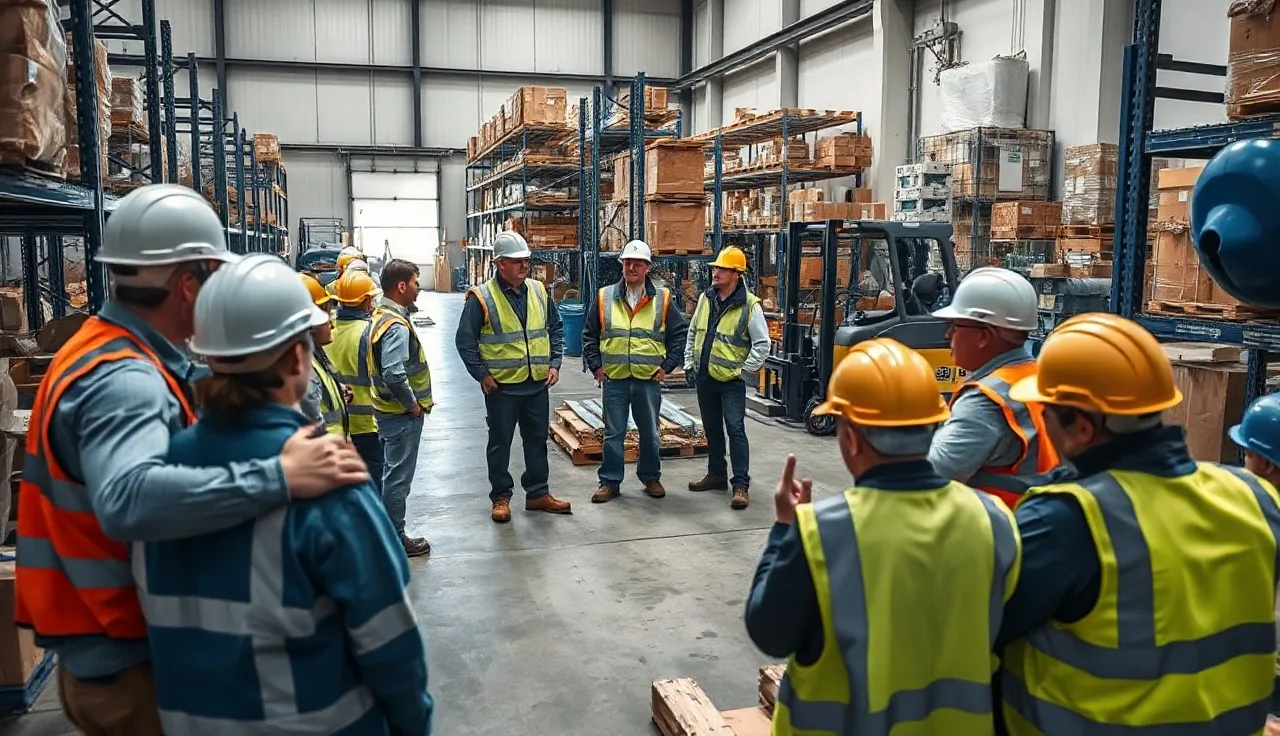 Warehouse workers in safety gear holding a brief safety meeting on the floor