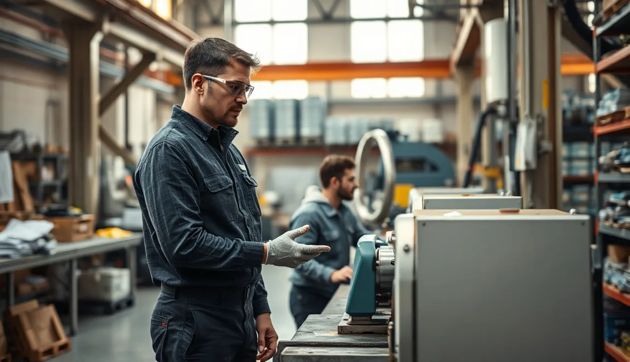 Supervisor showing a worker safe machine operation technique on a factory floor