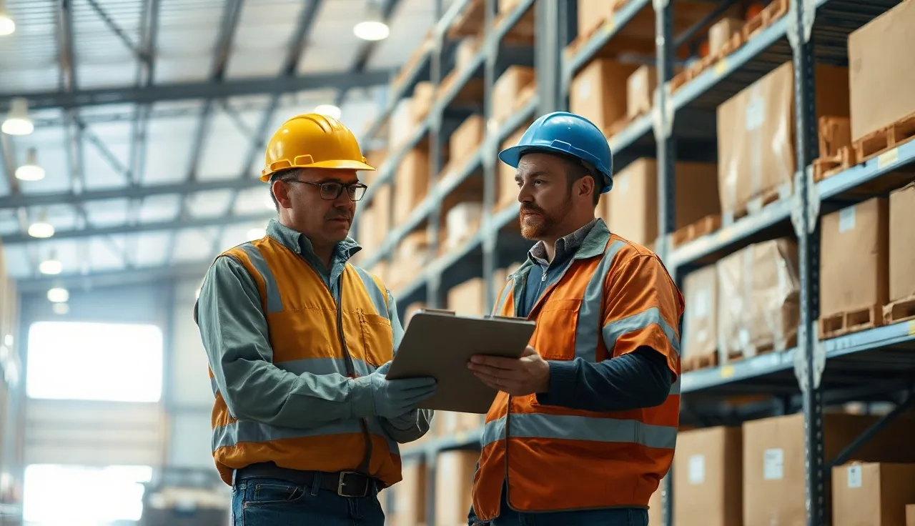 Supervisor and worker reviewing a safety checklist inside a warehouse