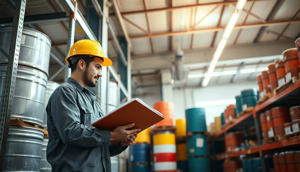 Worker reviewing hazard communication binder next to chemical storage drums in warehouse