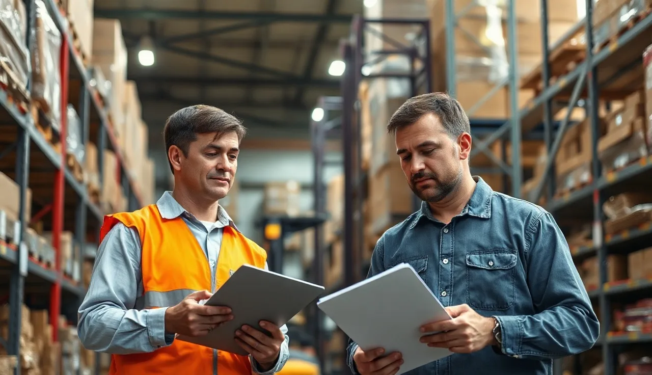 Two warehouse workers reviewing safety checklists together near industrial shelving