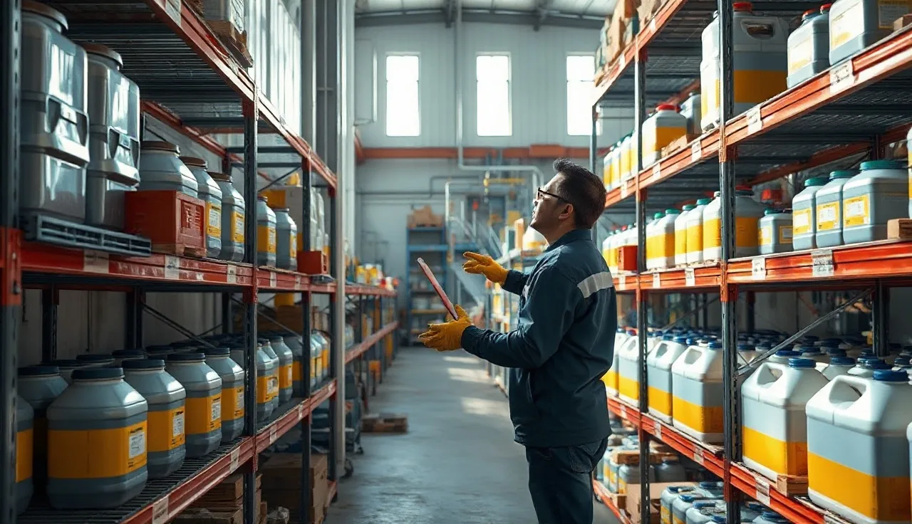 Worker reviewing chemical storage containers in a manufacturing facility