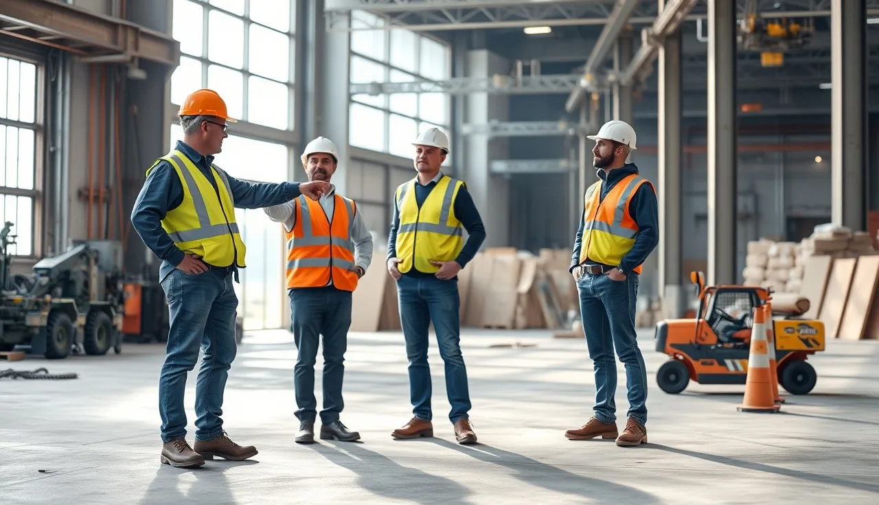 Supervisor in hard hat discussing safety duties with two workers on factory floor
