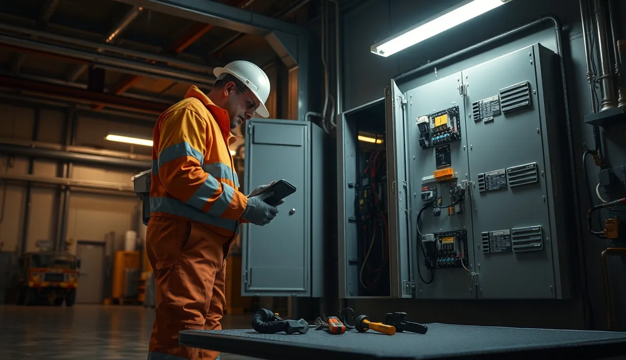 Electrician in full arc flash PPE inspecting an industrial electrical panel in a manufacturing facility