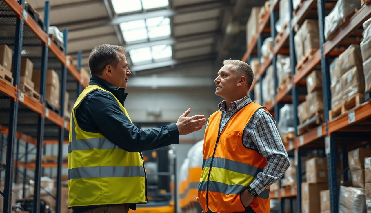 Two workers in safety vests discussing behaviors near a warehouse forklift aisle