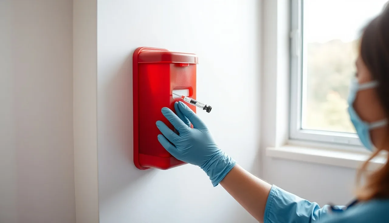 Medical assistant disposing of a syringe into a sharps container in a clinical exam room