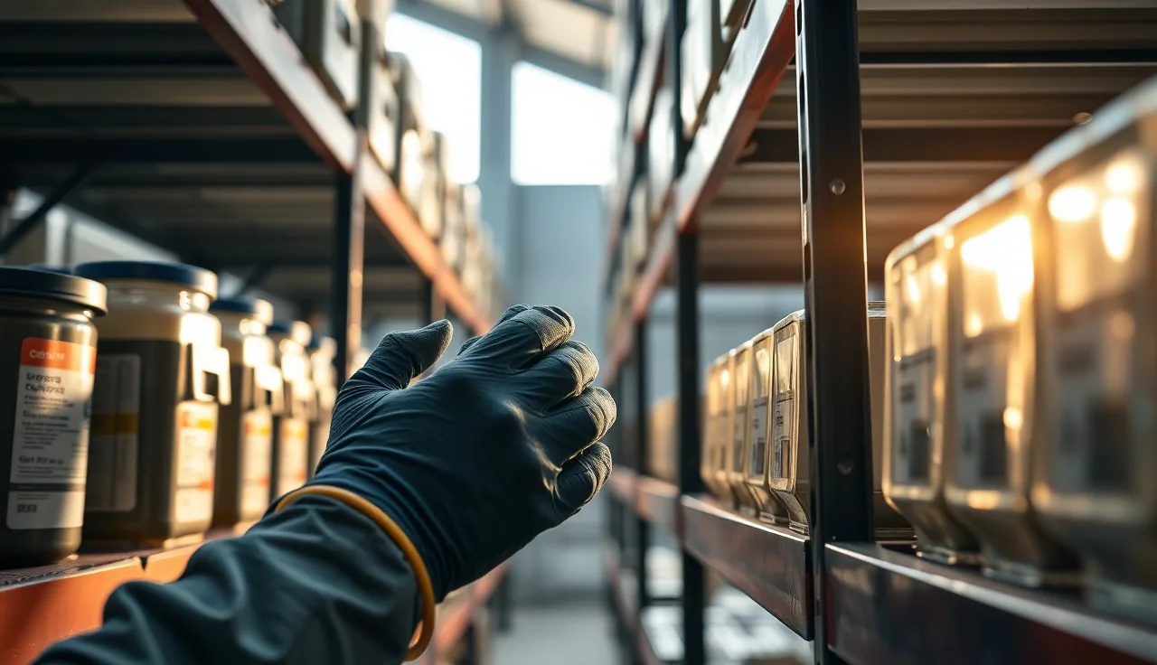 Worker in protective gloves reviewing chemical containers on warehouse shelving
