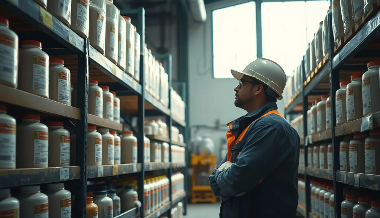 Worker examining chemical storage shelves in an industrial facility during a safety inspection