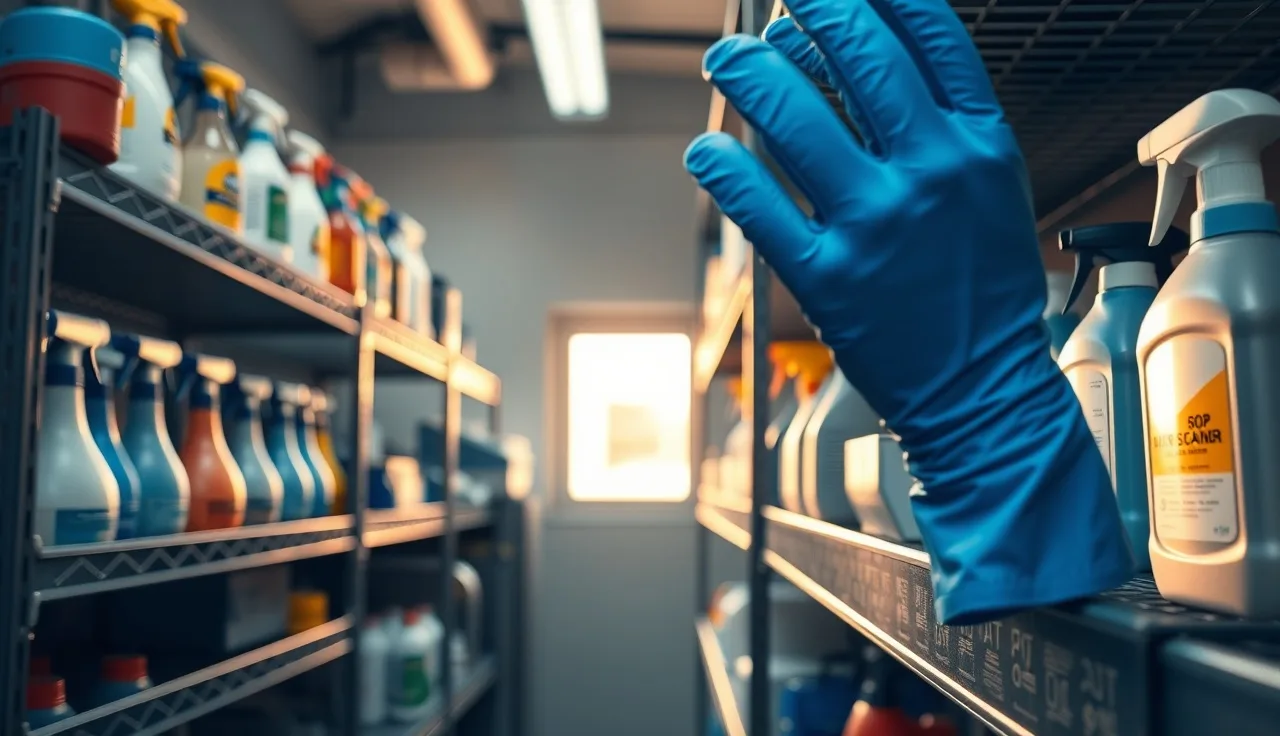 Organized cleaning supply closet with spray bottles and nitrile gloves on metal shelves
