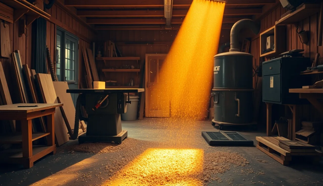 Fine sawdust suspended in evening light inside a small wood shop near a table saw