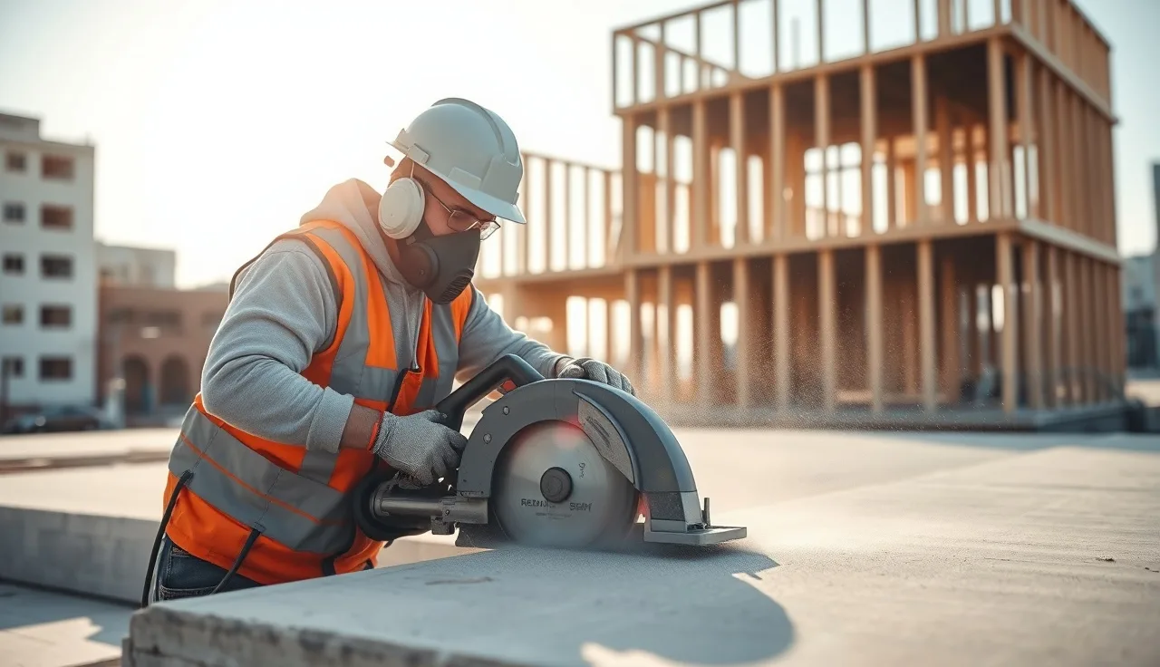 Concrete worker with respirator cutting concrete on an elevated deck at a construction site