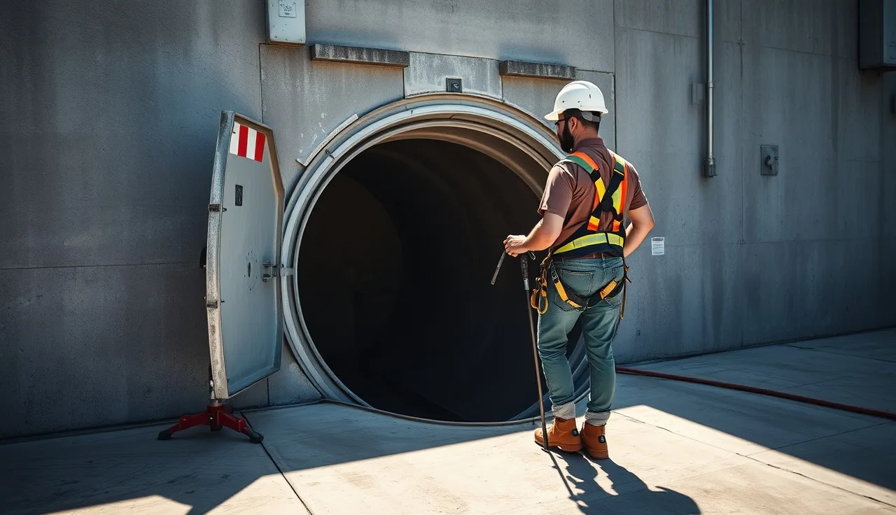 Construction worker at the edge of a permit-required confined space utility vault with retrieval tripod