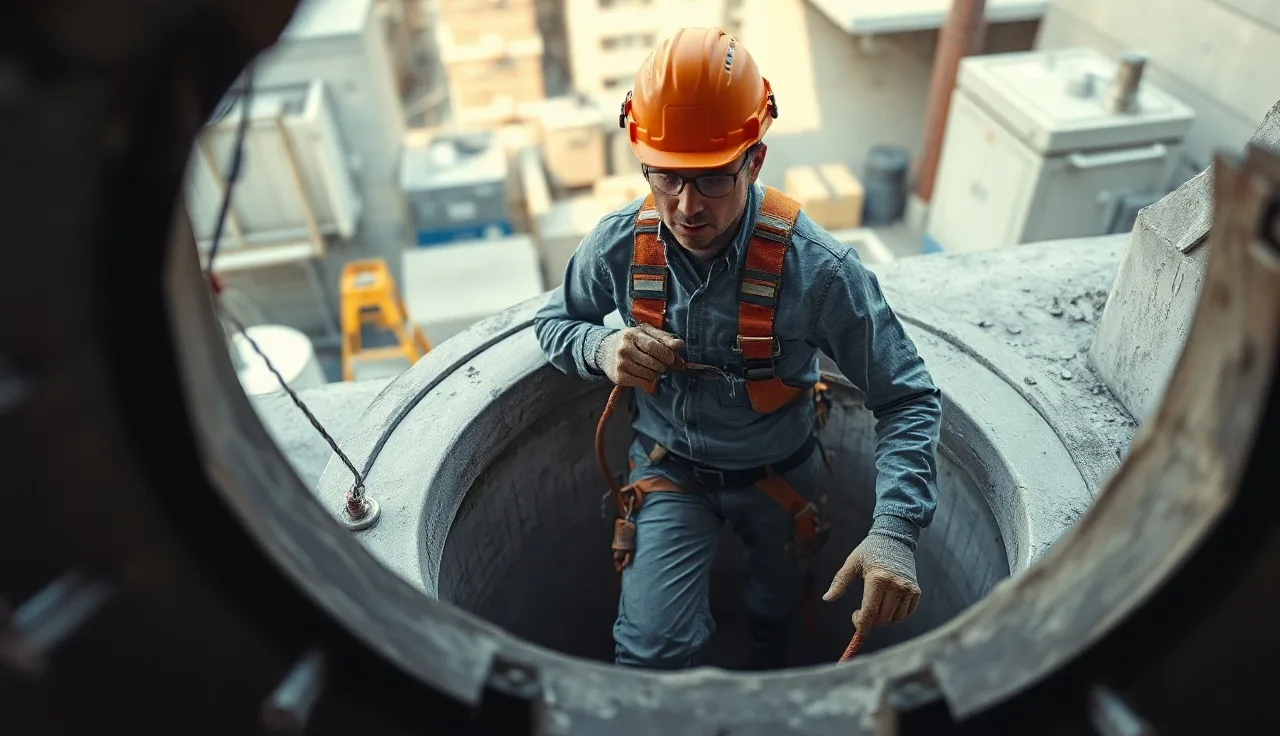 Construction worker descending into a confined space vault with a retrieval tripod on a job site