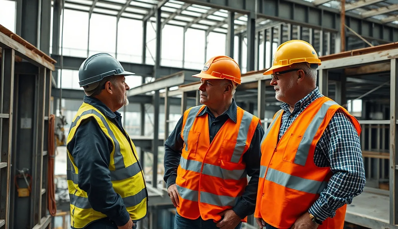 Construction workers in safety gear inspecting steel framing on a building site